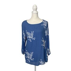 Anneliese Blue Embroidered Boho Peasant Blouse Floral Stitch 3/4 Sleeve Top LRG